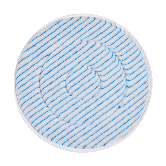 Das Kiehl Microfaserpad 17 Zoll (43,2 cm) von Johannes Kiehl KG ist ein rundes, weißes Pad mit blauen Spiralen und Feinborsten - optimal als Reinigungszubehör für effektive Oberflächenreinigung. Erhältlich im 5er-Pack.