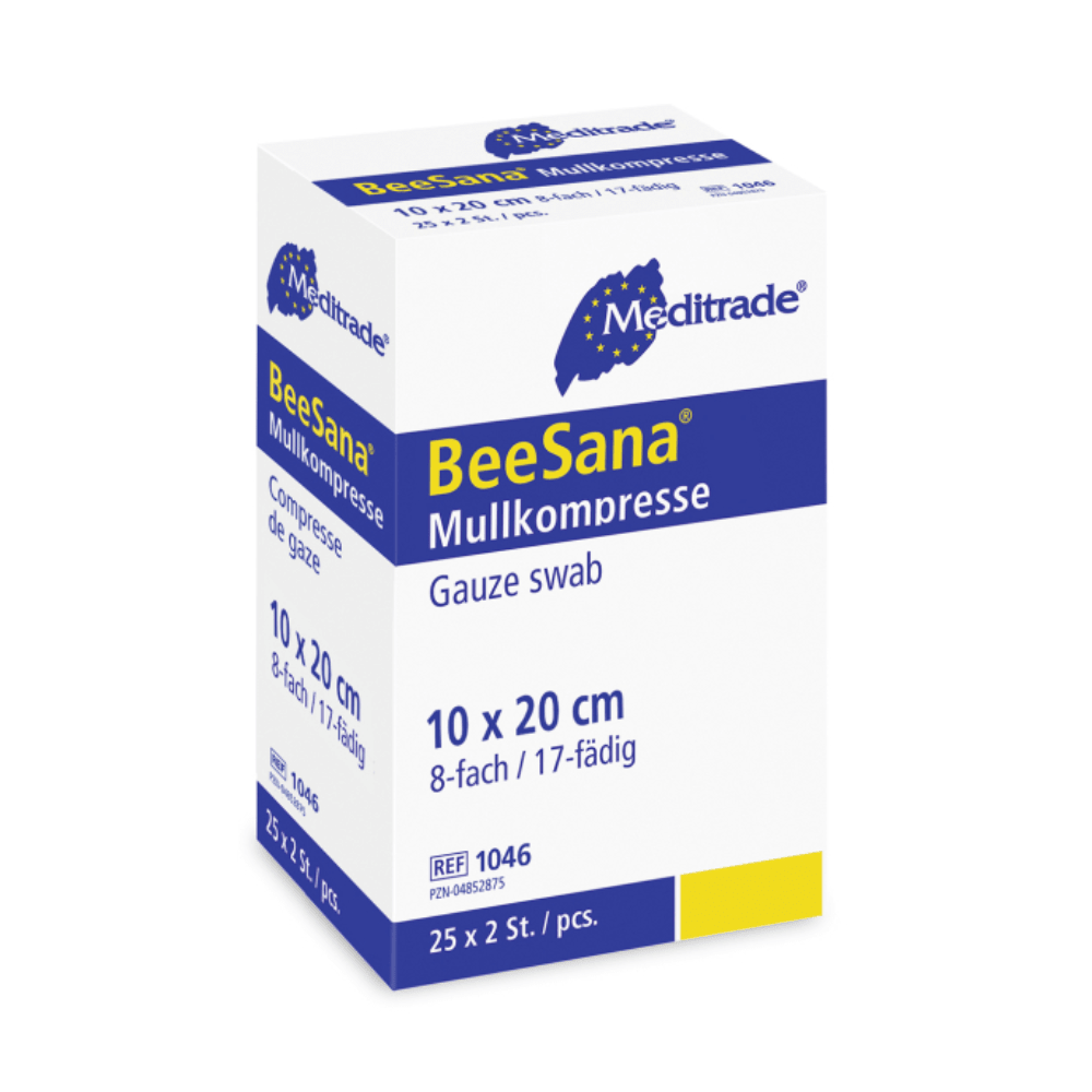 Laatikko Meditrade BeeSana®-sideharsoa, yksinkertaisesti steriloitu, 8-kertaisesti steriloidut sideharso-tupot, koko 10 x 20 cm, 8 kerrosta ja 17 lankaa. Meditrade GmbH.