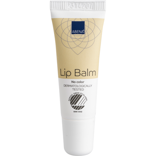 Die beige-weiße 10-ml-Tube der Abena Re-Seller GmbH Lippenpflegesalbe mit weißer Kappe und der Aufschrift "No color", "DERMATOLOGISCH GEPRÜFT" und dem Nordic Swan Ecolabel spendet Feuchtigkeit für weiche, gesunde Lippen. Erhältlich als Karton (300 Packungen).