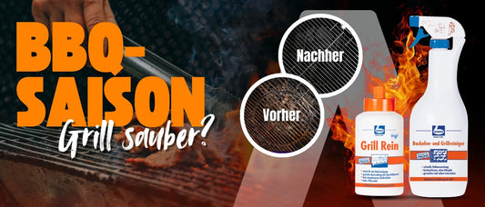 Werbeanzeige für Grillreiniger: Links der Schriftzug ‚BBQ-Saison – Grill sauber?‘, daneben ein Grillrost mit Vergleich ‚Vorher‘ (verschmutzt) und ‚Nachher‘ (sauber). Rechts zwei Reinigungsprodukte: ‚Grill Rein‘ und ‚Backofen- und Grillreiniger‘ von Dr. Becher, vor einem Hintergrund mit Flammen.