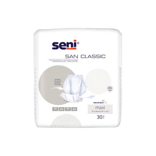 San Seni Classic Maxi Inkontinenzvorlage von TZMO Deutschland GmbH – Packung mit 30 Stück für Blasenschwäche, mit sicherem Auslaufschutz. Produktdetails und Logo auf weißer Verpackung.