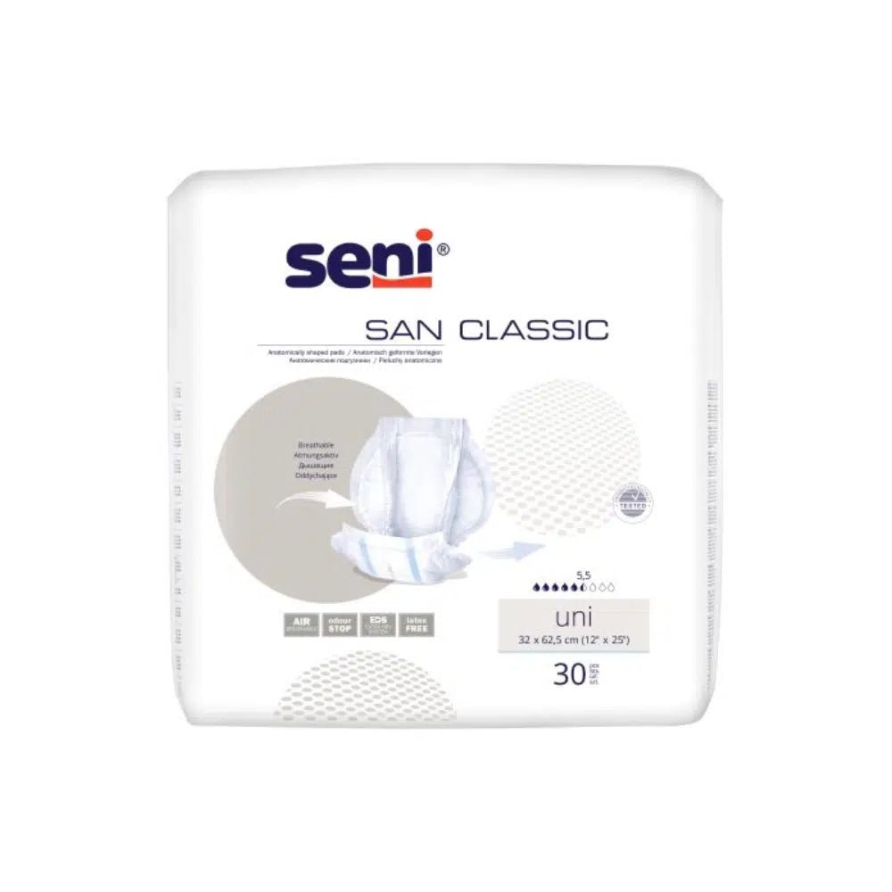 Kuvassa näkyy San-pakkaus Seni Classic Uni -inkontinenssisuojat, valmistaja TZMO Deutschland GmbH. Pakkaus on pääosin valkoinen, ja siinä on sinisiä ja beigejä yksityiskohtia sekä teksti, jossa on tiedot imukyvystä ja koosta. Pakkauksessa on 30 suojalappua, jotka takaavat entistä paremman käyttömukavuuden.