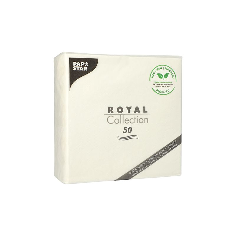 Pakkaus PAPSTAR ROYAL Collection -lautasliinoja 1/4-taitto, sisältää 50 kappaletta ja on ihanteellinen pöytäkoristeluun. Pakkauksessa on ympäristöystävällinen etiketti lehtikuviolla, joka osoittaa 100% kompostoitavuuden. Nämä valkoiset lautasliinat, valmistettu PAPSTAR GmbH:llä, esittelevät yksinkertaista ja eleganttia brändäystä.