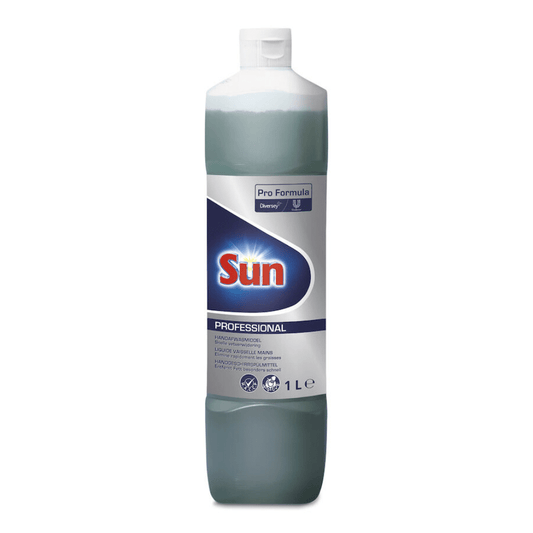 Eine 1-Liter-Flasche Diversey Sun Professional Handgeschirrspülmittel der Diversey Deutschland GmbH & Co. OHG verfügt über einen weißen Verschluss, ein überwiegend weißes Etikett mit dem Sun-Logo, Produktdetails, Reinigungs- und Sicherheitssymbolen und besticht durch einen frischen Zitronenduft.
