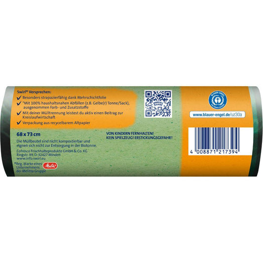 Swirl Öko-Müllbeutel mit Zugband 60 l, reißfest & dicht dank 3-Schicht-Folie mit recyceltem Plastik. Rolle mit 8 Beuteln von Melitta Europa GmbH & Co. KG. Grüner Hintergrund, orange-blaue Abschnitte, Blauer Engel, Barcode, QR-Code und Kontakt.