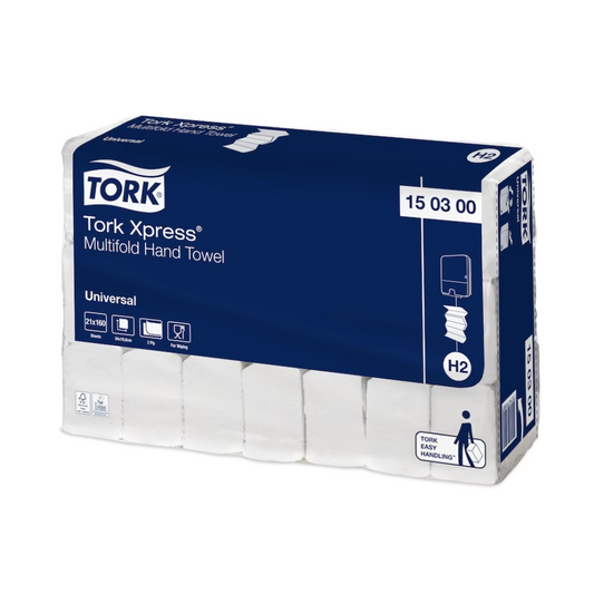Vorgestellt werden die Tork Xpress® 150300 Multifold-Handtücher Universal H2, ein Produkt der TORK – Essity Professional Hygiene Germany GmbH. Die blau-weiße Verpackung betont Details wie die Kompatibilität mit dem H2-System, mit sechs Bündeln Handtüchern pro Packung und einem benutzerfreundlichen Design, das hervorragende Hygiene garantiert.