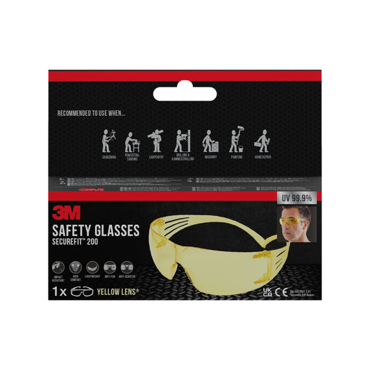 Vorderseite einer Verpackung der 3M Deutschland GmbH SecureFit™ Schutzbrille 200 mit gelben Gläsern und einem Träger. Auf der Verpackung sind Icons für UV-Schutz und empfohlene Sicherheitsanwendungen abgebildet.