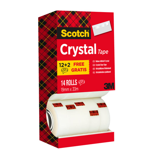 Das Scotch® Crystal Klebeband Vorteilspack der 3M Deutschland GmbH enthält 14 Rollen (19mm x 33m) transparentes Klebeband in einer mehrsprachigen Verpackung mit dem rotkarierten Design und Produktinformationen.