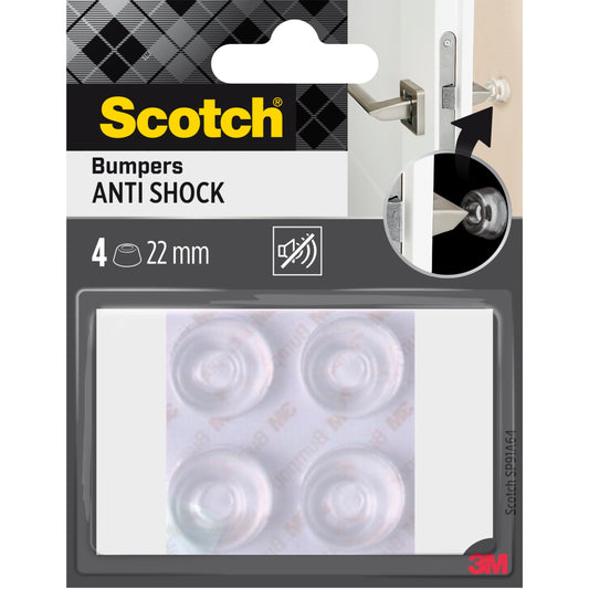 Eine Packung Scotch® Stoßabsorbierende Elastikpuffer für Wände SP91A64 von 3M Deutschland GmbH, enthält vier transparente, selbstklebende 22 mm große Puffer, abgebildet an einem Türgriff zum Schutz vor Stößen; 3M Logo sichtbar.