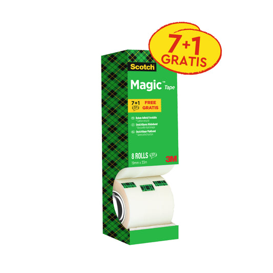 Abbildung eines Scotch® Magic™ Unsichtbares Klebeband Vorteilspack von 3M Deutschland GmbH: 8 Rollen (7+1 Gratis), je 19 mm x 33 m, in grün karierter Verpackung mit gelb-rotem "1 Gratis"-Etikett. Marke und Produktangaben sind sichtbar.