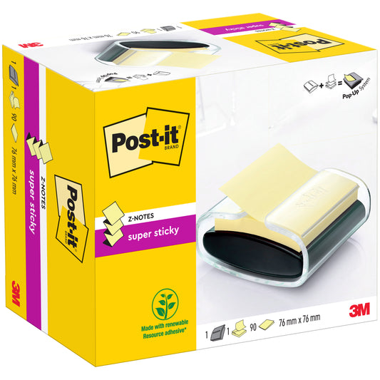 Ein schwarzer Post-it® Z-Notes Dispenser (PRO) mit 90 gelben Super Sticky Z-Notes (76 mm x 76 mm) von 3M Deutschland GmbH.