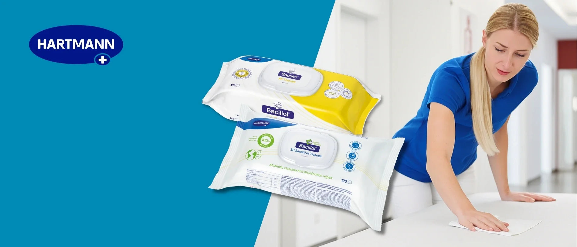 Packung mit Bacillo-Sensitiv-Tüchern in einem weißen Kunststoffbeutel mit Klappdeckel. Auf der Verpackung steht „30 Sensitiv-Tücher“, „alkoholfrei“ und dermatologisch getestet, geeignet für empfindliche Haut.