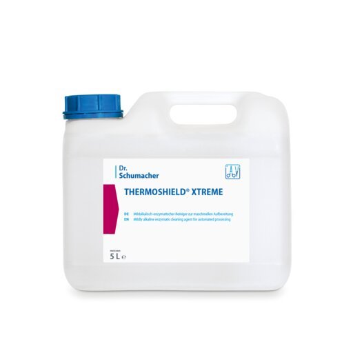 Valkoinen 5 litran muovisäiliö sinisellä kannella ja merkinnällä "Dr. Schumacher THERMOSHIELD® XTREME", Dr. Schumacher GmbH:n entsymaattinen puhdistusaine teolliseen pintapinnoitukseen, seisoo valkoista taustaa vasten.