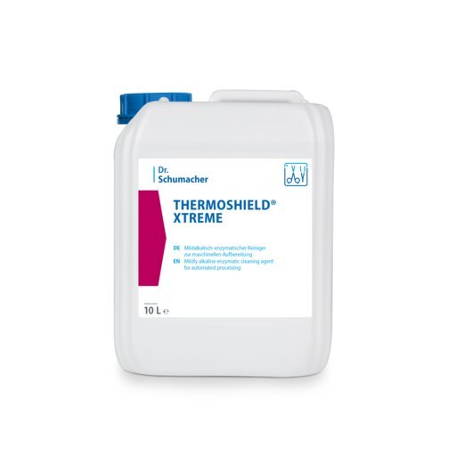 Valkoinen 10 litran muovisäiliö sinisellä kannella ja merkinnällä "Dr. Schumacher THERMOSHIELD® XTREME" (Dr. Schumacher GmbH:lta), saksalaisilla tuotetiedoilla ja symbolilla automaattista käsittelyä varten - ihanteellinen teolliseen pintapinnoitukseen ja pintasuojaan.