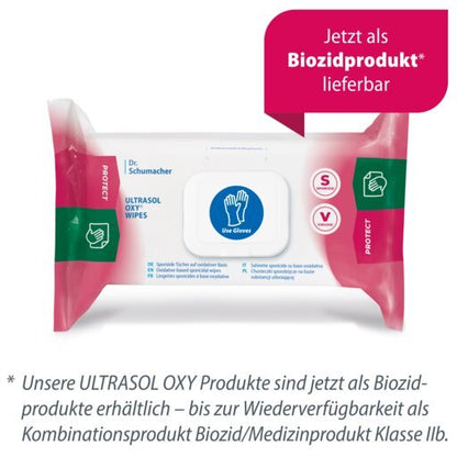 Yksi pakkaus Dr. Schumacher Ultrasol Oxy Wipes desinfiointiliinoja (108 liinaa) on varustettu sinisellä "Use Gloves" (Käytä käsineitä) -symbolilla ja osoittaa niiden saatavuuden biosidituotteena, ja saksalainen teksti korostaa niiden käyttöä lääketieteellisissä välineissä.
