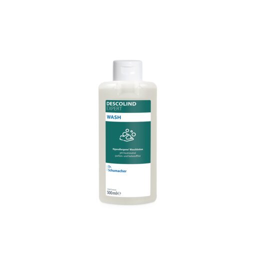 Dr. Schumacher GmbH:n valkoinen 500 ml:n DESCOLIND EXPERT WASH -pullo, jossa on vihreä-valkoinen etiketti käsienpesusymbolilla ja yksityiskohtaisilla tuoteinformaatioilla etupuolella; tehokas puhdistusratkaisu.