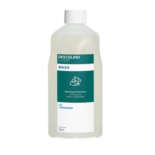 1 litran muovipullo Dr. Schumacher GmbH:n DESCOLIND EXPERT WASH, hypoallergeeninen ihonpuhdistusliuos, jossa on valkoinen korkki ja vihreä-valkoinen etiketti.