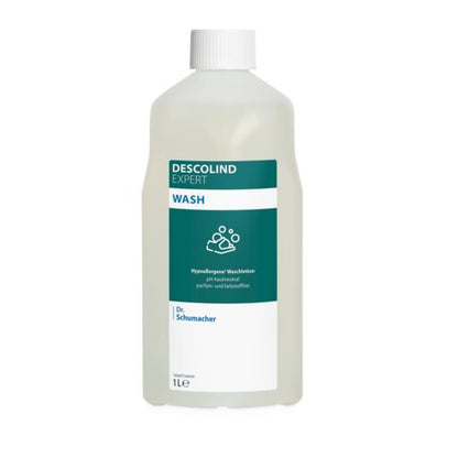 1 litran muovipullo Dr. Schumacher GmbH:n DESCOLIND EXPERT WASH, hypoallergeeninen ihonpuhdistusliuos, jossa on valkoinen korkki ja vihreä-valkoinen etiketti.