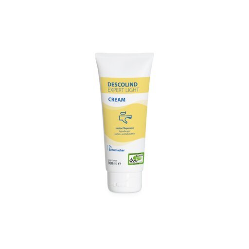 100 ml:n Dr. Schumacher DESCOLIND EXPERT LIGHT CREAM -käsivoidetuubi, jossa on valkoinen korkki ja kelta-sininen etiketti, seisoo pystyssä valkoisella taustalla - ihanteellinen herkälle iholle ja hypoallergeeninen.