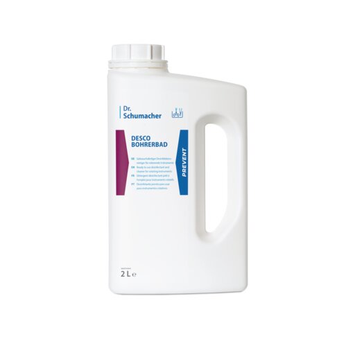Eine weiße 2-Liter-Kunststoffflasche mit Schraubverschluss und Henkel mit der Aufschrift "Dr. Schumacher DESCO BOHRERBAD" der Dr. Schumacher GmbH zur Reinigung und Desinfektion von zahnärztlichen Instrumenten ist mit blauen und weinroten Akzenten auf einfarbigem Hintergrund versehen.