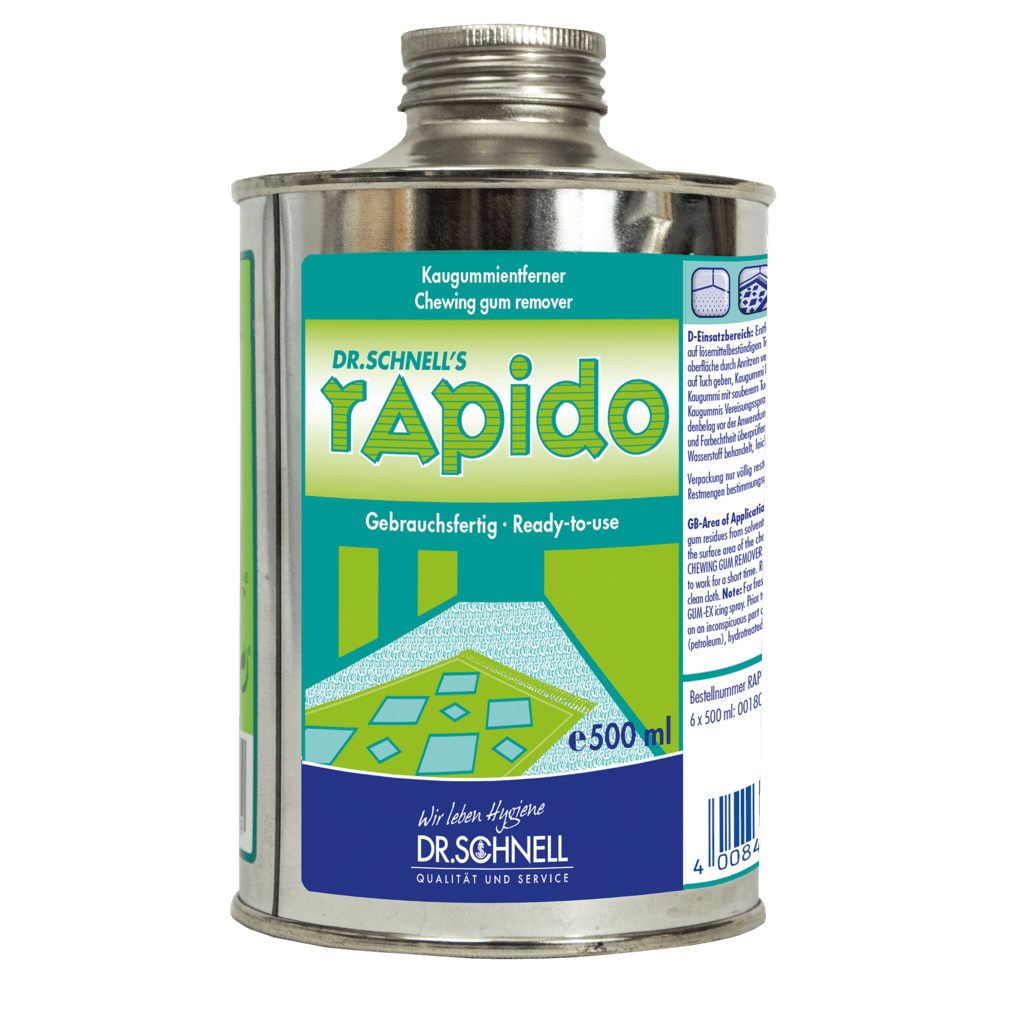 500 ml metallipurkki Dr. Schnell purukuminpoistajaa, käyttövalmis, DR.SCHNELL GmbH & Co. KGaA:lta, tekstiileille ja lattioille; vihreällä/sinisellä designilla ja kaksikielisellä tekstillä (DE/EN).