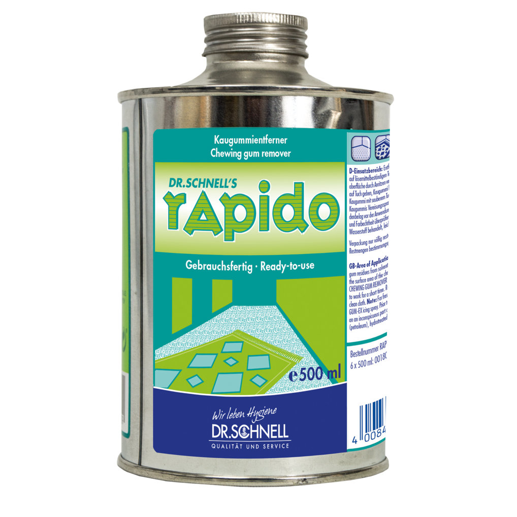 Eine 500 ml Metalldose Dr. Schnell Kaugummientferner, gebrauchsfertig, von DR.SCHNELL GmbH & Co. KGaA, für Textilien und Böden; mit grün/blauem Design und zweisprachiger Aufschrift (DE/EN).