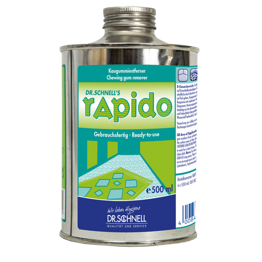 Eine 500 ml Metalldose Dr. Schnell Kaugummientferner, gebrauchsfertig, von DR.SCHNELL GmbH & Co. KGaA, für Textilien und Böden; mit grün/blauem Design und zweisprachiger Aufschrift (DE/EN).