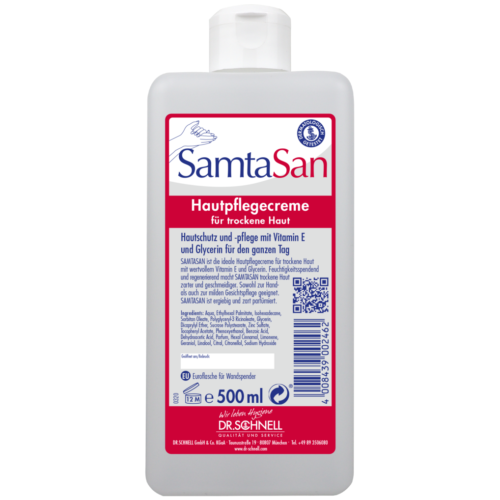 Die 500 ml DR.SCHNELL GmbH & Co. KGaA Dr. Schnell SAMTASAN Spenderflaschen ist eine weiße Pflegecreme für trockene Haut, mit Flip-Top-Verschluss und deutschem Etikett, ideal für die professionelle Reinigung und die Verwendung mit Reinigungsgeräten.