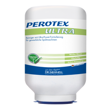 Eine große weiße 3 kg Kartusche Dr. Schnell PEROTEX ULTRA Geschirrreiniger für gewerbliche Spülmaschinen, chlorhaltig, von DR.SCHNELL GmbH & Co. KGaA, ist mit blauen und grünen Akzenten versehen und zeigt die HACCP-Zertifizierung.