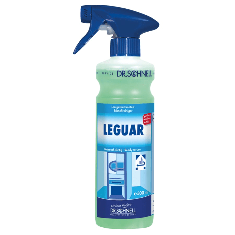 DR.SCHNELL GmbH & Co. KGaA:n Dr. Schnell LEGUAR suihkepään pintapuhdistusaine (500 ml) on varustettu sinisellä laukaisimella ja ohjeilla varustetulla etiketillä, ihanteellinen pesukoneiden, astianpesukoneiden ja kiinteistöjen puhdistustehtäviin.