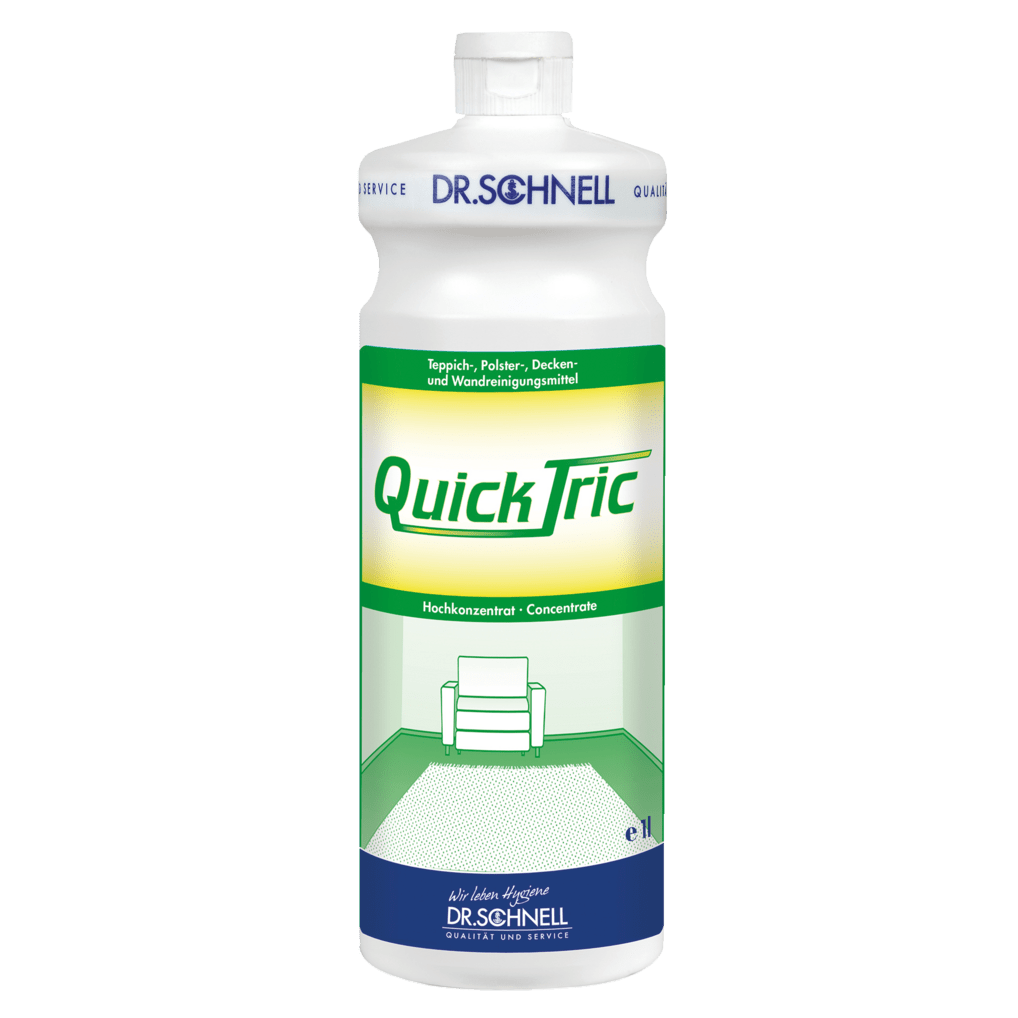 Eine weiße 1-Liter-Flasche Dr. Schnell QUICK TRIC der DR.SCHNELL GmbH & Co. KGaA, mit einem grün-gelben Etikett, das einen Stuhl in einem Raum mit grünem Teppichboden zeigt, blauer Schrift und weißem Verschluss - perfekt für die professionelle Reinigung.