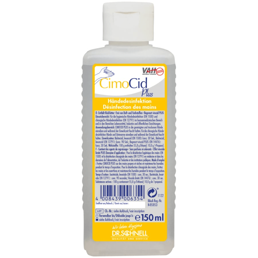 150 ml:n pullo Dr. Schnell CIMOCID PLUS käsidesinfiointiainetta DR.SCHNELL GmbH & Co. KGaA:lta, valkoisella korkilla ja kelta-valkoisella etiketillä, jossa on saksankielisiä ja ranskankielisiä tietoja sekä sinistä ja oranssia tekstiä.