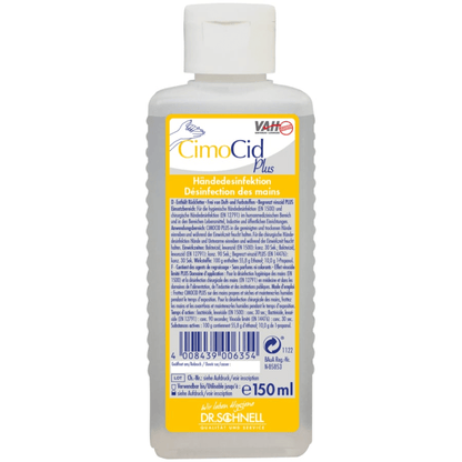 150 ml:n pullo Dr. Schnell CIMOCID PLUS käsidesinfiointiainetta DR.SCHNELL GmbH & Co. KGaA:lta, valkoisella korkilla ja kelta-valkoisella etiketillä, jossa on saksankielisiä ja ranskankielisiä tietoja sekä sinistä ja oranssia tekstiä.