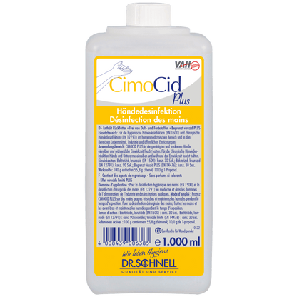 1 000 ml:n pullo Dr. Schnell CIMOCID PLUS käsidesinfiointiainetta DR.SCHNELL GmbH & Co. KGaA:lta, valkoisella korkilla ja kelta-sinisellä etiketillä, jossa on tuotetietoja saksaksi ja ranskaksi.