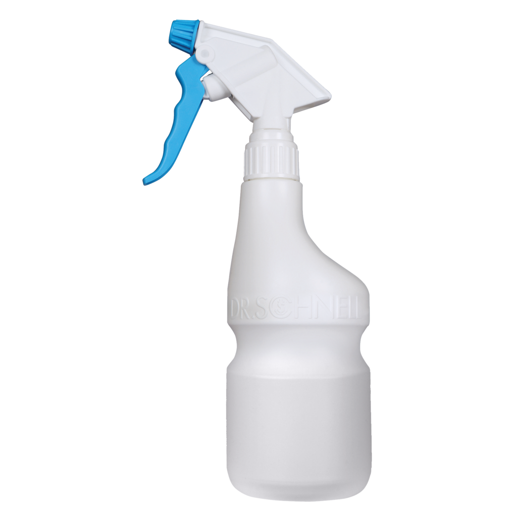 Der Dr. Schnell Handsprüher leer 600 ml von DR.SCHNELL GmbH & Co. KGaA ist eine weiße Kunststoff-Sprühflasche mit blauem Sprühkopf, leer auf weißem Hintergrund, ideal für Reinigungsmittel und mit geprägtem Branding.