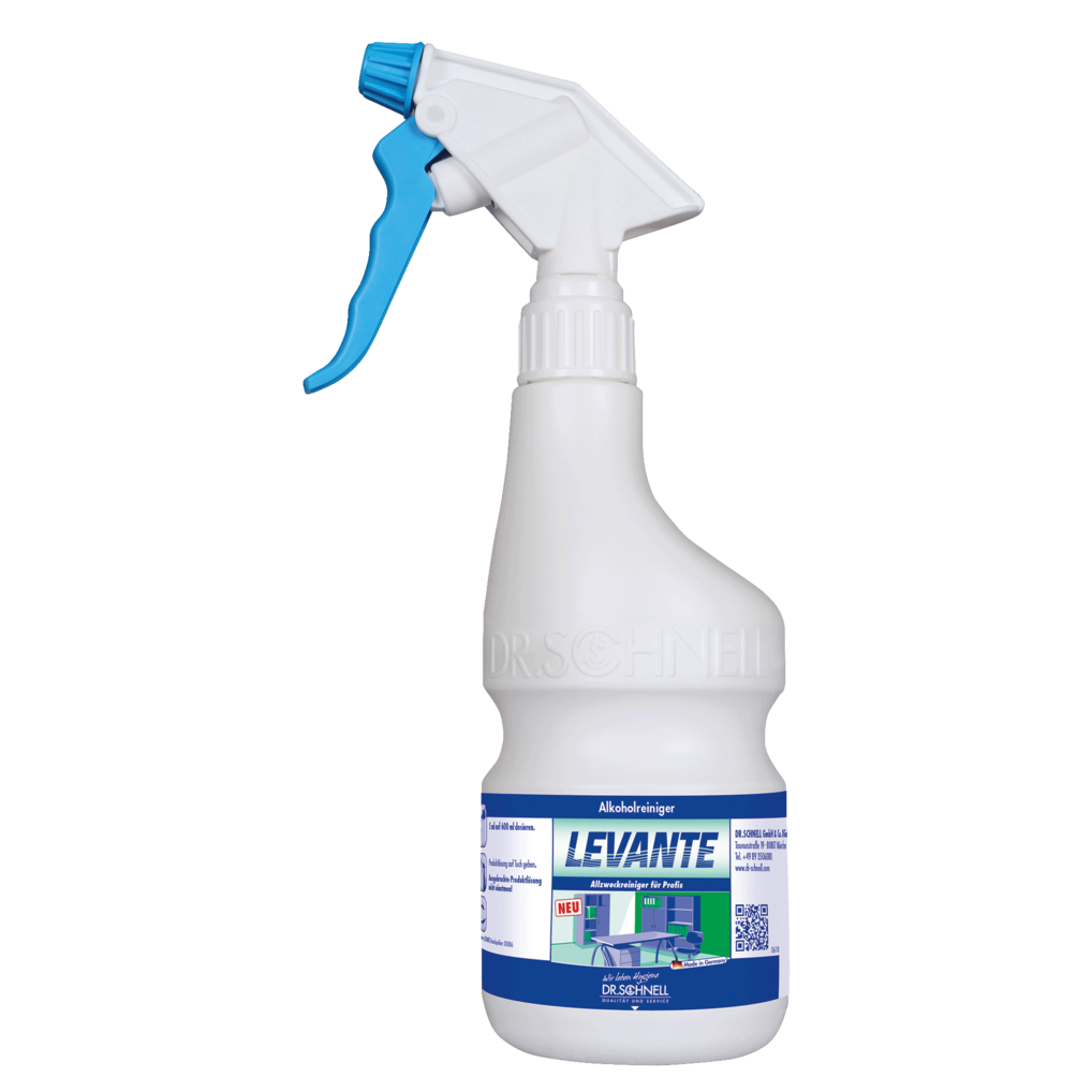 Der Dr. Schnell Handsprüher leer 600 ml von DR.SCHNELL GmbH & Co. KGaA ist eine weiße Kunststoff-Sprühflasche mit blauem Auslöser und "LEVANTE"-Etikett, die aufrecht vor einem weißen Hintergrund abgebildet ist.