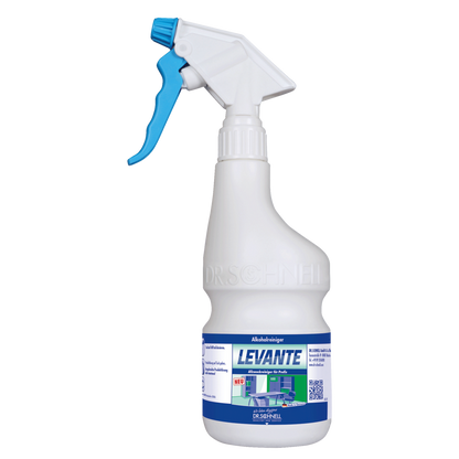 Der Dr. Schnell Handsprüher leer 600 ml von DR.SCHNELL GmbH & Co. KGaA ist eine weiße Kunststoff-Sprühflasche mit blauem Auslöser und "LEVANTE"-Etikett, die aufrecht vor einem weißen Hintergrund abgebildet ist.