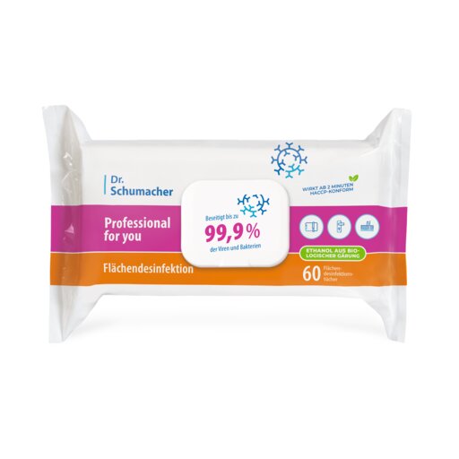 Dr. Schumacher GmbH Professional for you -pintadesinfiointipyyhkeet poistavat jopa 99,9 % viruksista ja bakteereista ja tarjoavat viruksentorjuntaa ja puhdistusta. Jokainen pakkaus sisältää 60 pyyhettä, joissa on toimintatunnukset.