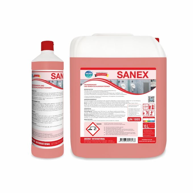 Kaksi säiliötä Arcora SANEX PERUSPUHDISTUS- JA SEMENTTIKALVONPOISTOAINE Arcora International GmbH:lta - yksi pullo, yksi iso kanisteri - molemmissa punaista nestettä. Etiketit, joissa on tuote- ja turvallisuustiedot saksaksi.