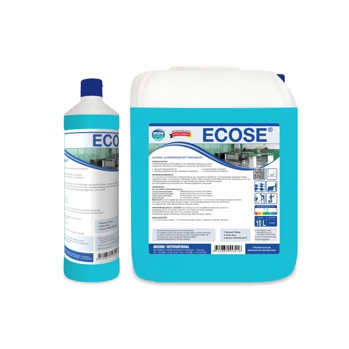 Kuvassa on kaksi Arcora ECOSE ALKOHOLIKIILTO-PUHDISTUSAINETTA RAITTIIN TUOKSUN KERA Arcora International GmbH:lta: 1 litran pullo sinisellä korkilla (vasemmalla) ja 10 litran kannu valkoisella korkilla (oikealla), molemmissa sinivalkoinen etiketti raidattomaan puhdistukseen.