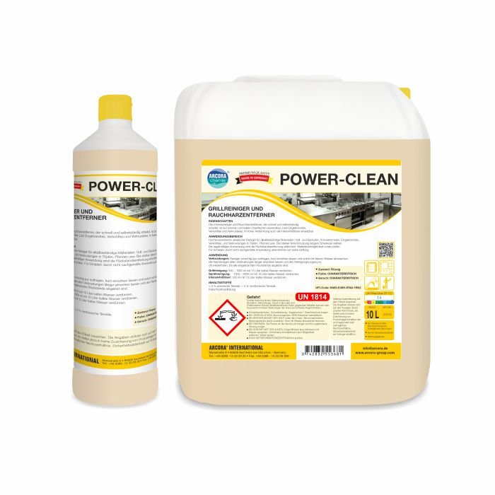 Abgebildet sind zwei Arcora POWER-CLEAN GRILLREINIGER UND RAUCHHARZENTFERNER von Arcora International GmbH: eine 1L-Flasche und ein 10L-Kanister mit gelben Verschlüssen, deutschen Etiketten und Sicherheitsangaben - perfekt zum Entfernen von Grillrückständen.