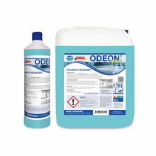 Zwei Flaschen Arcora ODEON FRESH RAUMDUFTREINIGER von Arcora International GmbH - eine große und eine kleine - enthalten blaue Flüssigkeit. Ihre weißen Etiketten enthalten Produktinformationen, Sicherheitswarnungen und saubere Bilder von Innenräumen, perfekt als Lufterfrischer.