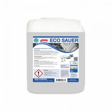 Ein weißer 10-Liter-Kanister mit der Aufschrift "Arcora Eco Sauer Geschirrklarspülmittel 'Sauer'" der Arcora International GmbH enthält Produktinformationen, Gefahrensymbole, Gebrauchsanweisungen, Bilder von sauberem Geschirr und ein blaugraues, umweltfreundliches Etikett mit verschiedenen Symbolen.