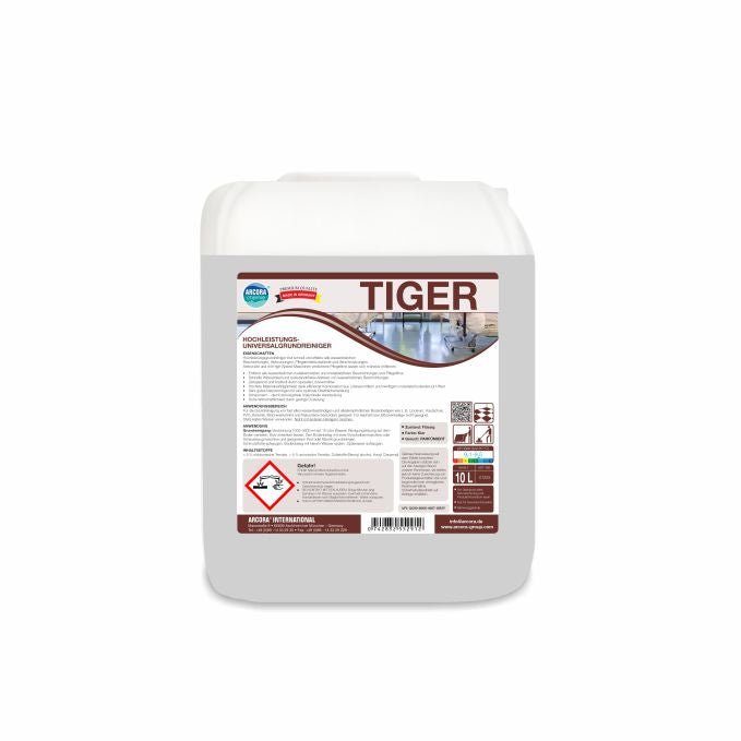 Arcora International GmbH:n valkoisessa 10 litran muovikanisterissa on teksti ”TIGER”, tuotetiedot, vaarasymbolit ja puhdistusohjeet. Se sisältää Arcora Tiger -korkeatehoista yleispuhdistusainetta monipuolisiin puhdistustehtäviin.