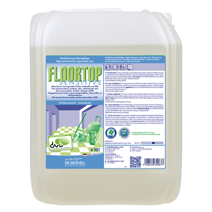 Suuri, läpinäkyvä muovisäiliö, jossa on merkintä "Dr. Schnell Floortop Sensitive, tehokas lattianpuhdistusaine, hajuton" DR.SCHNELL GmbH & Co. KGaA:lta, on varustettu vihreällä korkilla, monikielisillä tiedoilla ja puhdistuskuvituksella etupuolella.