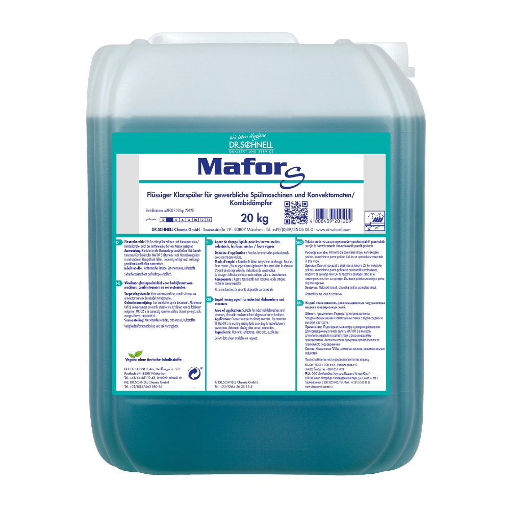 20 kg:n muovisäiliö Dr. Schnell MAFOR S Hapan huuhteluaine kaupallisiin astianpesukoneisiin DR.SCHNELL GmbH & Co. KGaA:lta, sininen neste, saksalaisella valko-vihreällä etiketillä, jossa on tuotetietoja ja turvallisuusohjeita.