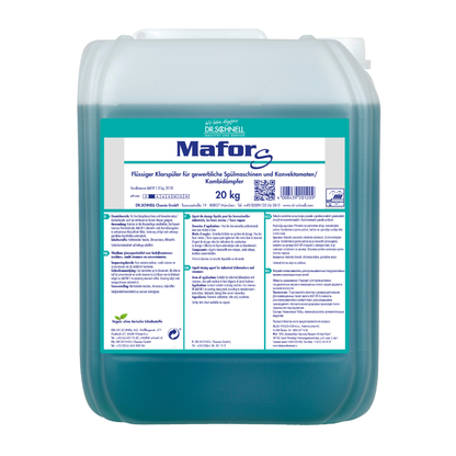 20 kg:n muovisäiliö Dr. Schnell MAFOR S Hapan huuhteluaine kaupallisiin astianpesukoneisiin DR.SCHNELL GmbH & Co. KGaA:lta, sininen neste, saksalaisella valko-vihreällä etiketillä, jossa on tuotetietoja ja turvallisuusohjeita.