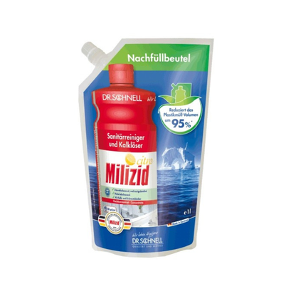 Yhden litran täyttöpussi Dr. Schnell Milizid Citro -saniteettipuhdistusainetta ja kalkinpoistoainetta, valmistaja DR.SCHNELL GmbH & Co. KGaA, punavalkoisella ja vihreillä korostuksilla, saksankielisellä tekstillä, kaatonokalla ja 95 % vähemmän muovimäärää.