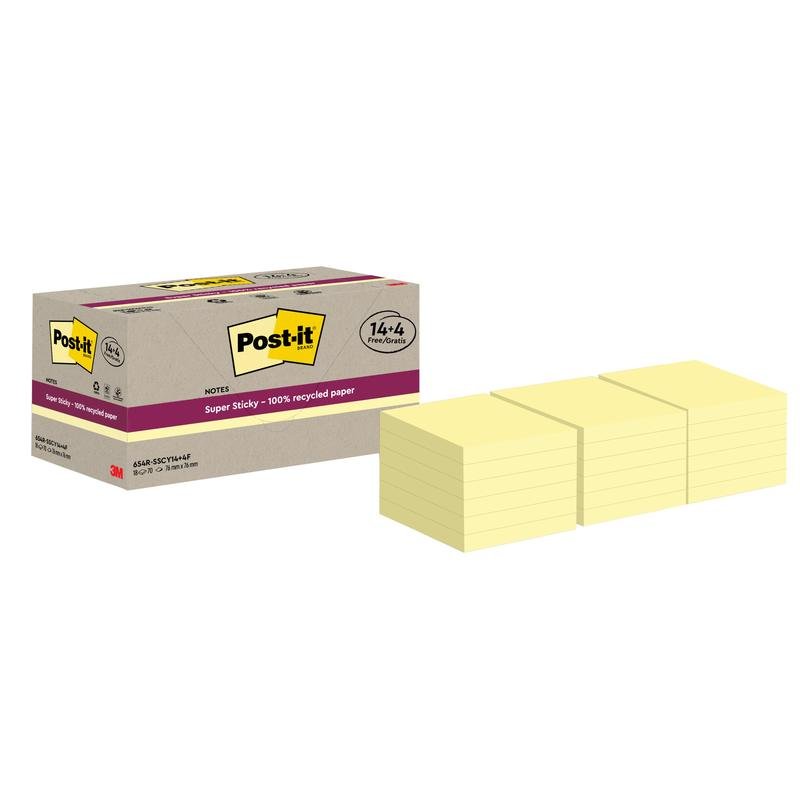 Yksi laatikko 3M Post-it® Super Sticky 100 % kierrätettyjä muistilappuja (76x76mm, 70 arkkia/lohko, 100 % PEFC) on esillä kahdentoista keltaisen muistilappupinon vieressä, ja jokainen pino sisältää useita yksittäisiä muistilappuja.