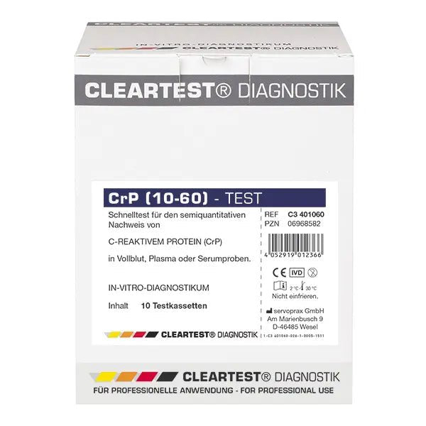 Cleartest CrP HS (10/60) High Sensitive Cut Off: 10mg/l Viite: 60mg/l Pakkaus: 10 testiä | Pakkaus (10 testiä)